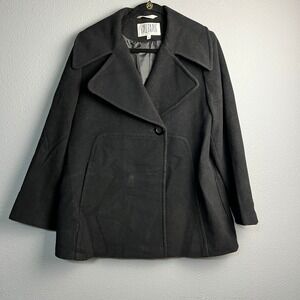 Bill Blass Signature Black Wool Blend Pea Coat Jacket Women Size 14 Winter Warm
